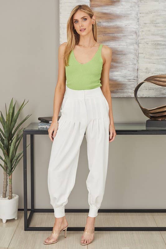 STRETCHY RIB SLEEVELESS V-NECK TANK TOP (12505): White / S/M