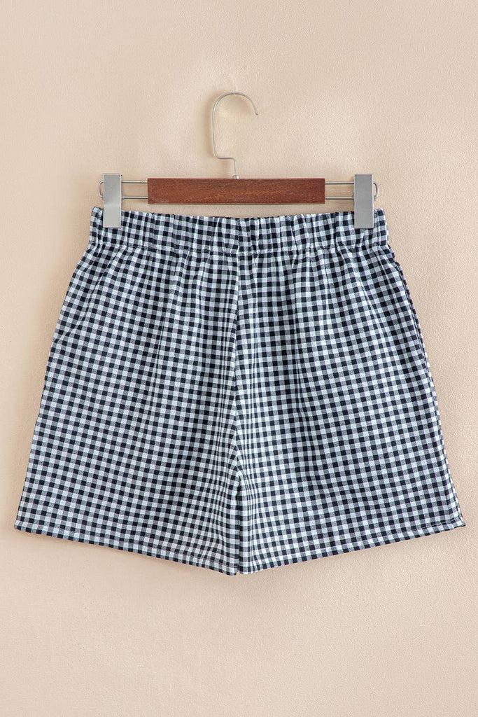 Red Plaid Gingham Printed High Waist Shorts: Red Stripe / 100%Polyester / XL