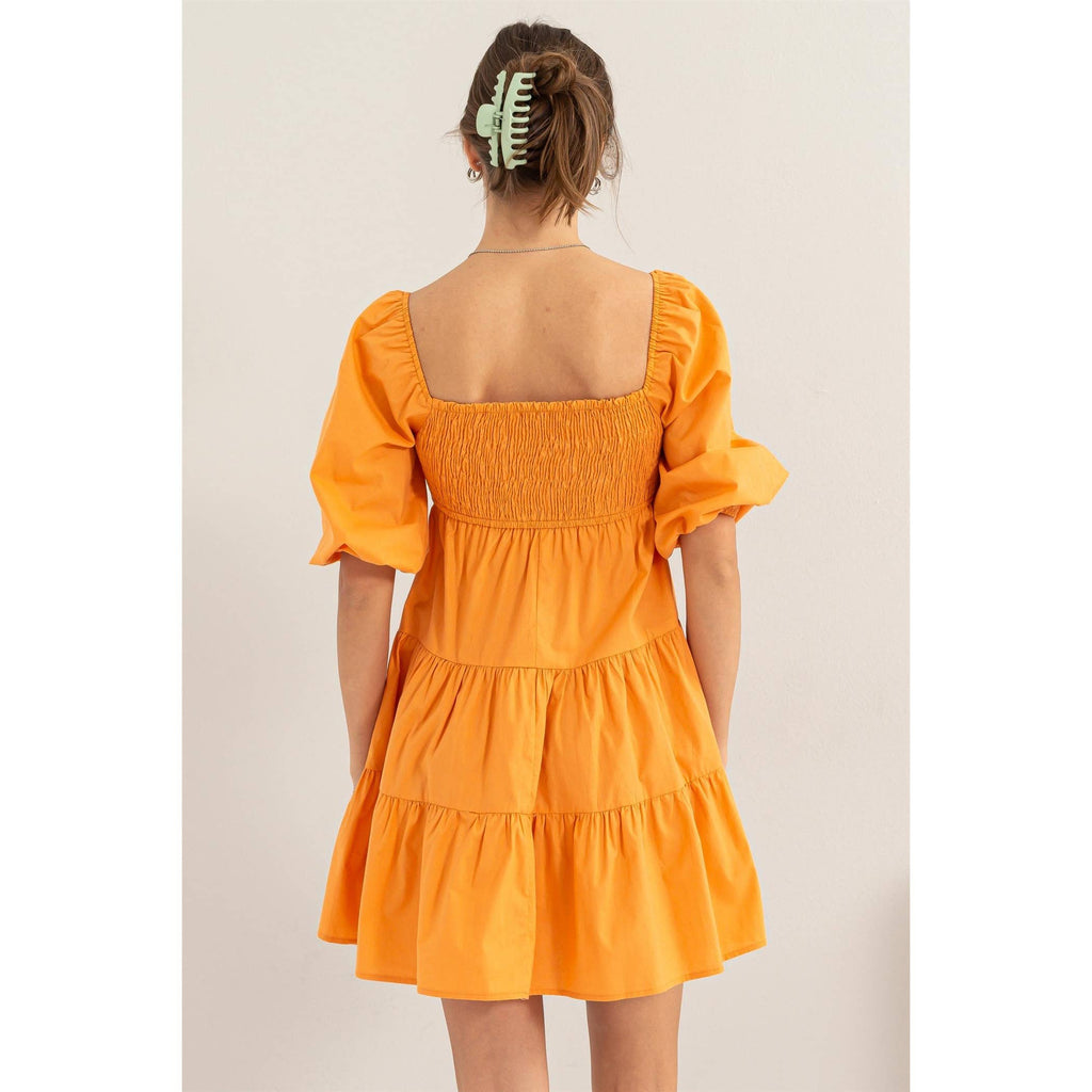 SMOCKED MINI DRESS: ORANGE / M