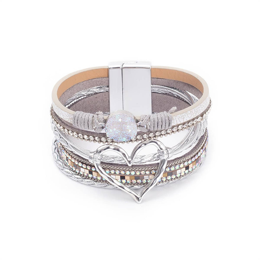 Bohemian Heart Rhinestone Magnetic Buckle Bracelet: Silver Gray-Silver / Alloy / ONE SIZE