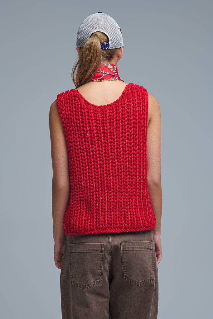 Crochet Cropped Vest in Red With sequins Thread: RED / ONE