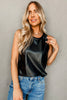 Black Faux Leather Crew Neck Tank Top: Black /  S
