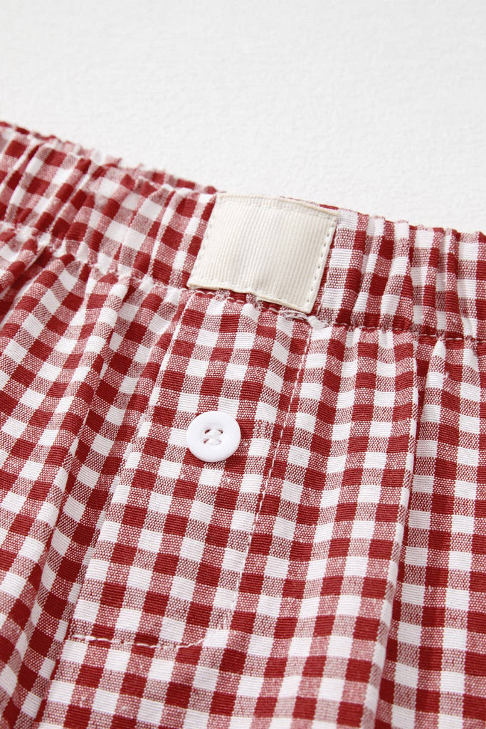 Red Plaid Gingham Printed High Waist Shorts: Red Stripe / 100%Polyester / M