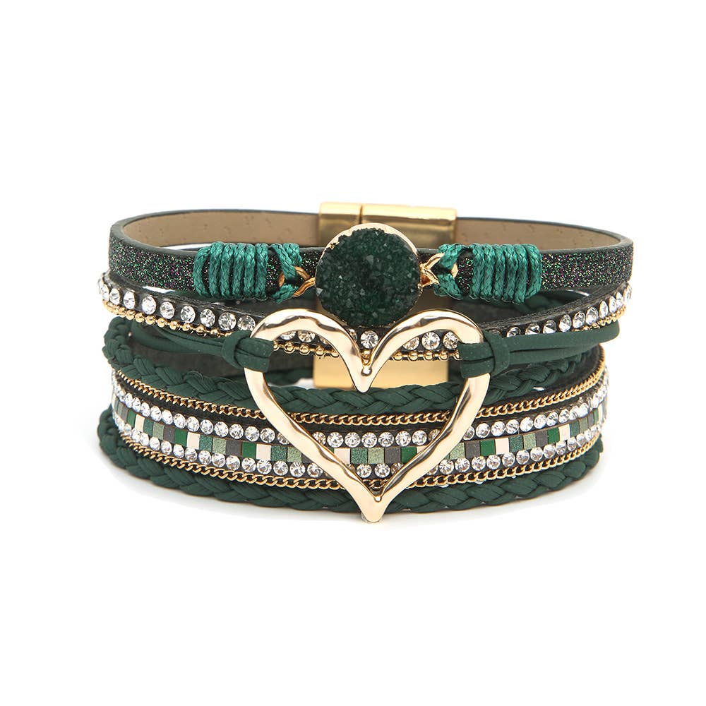 Bohemian Heart Rhinestone Magnetic Buckle Bracelet: Silver Gray-Silver / Alloy / ONE SIZE