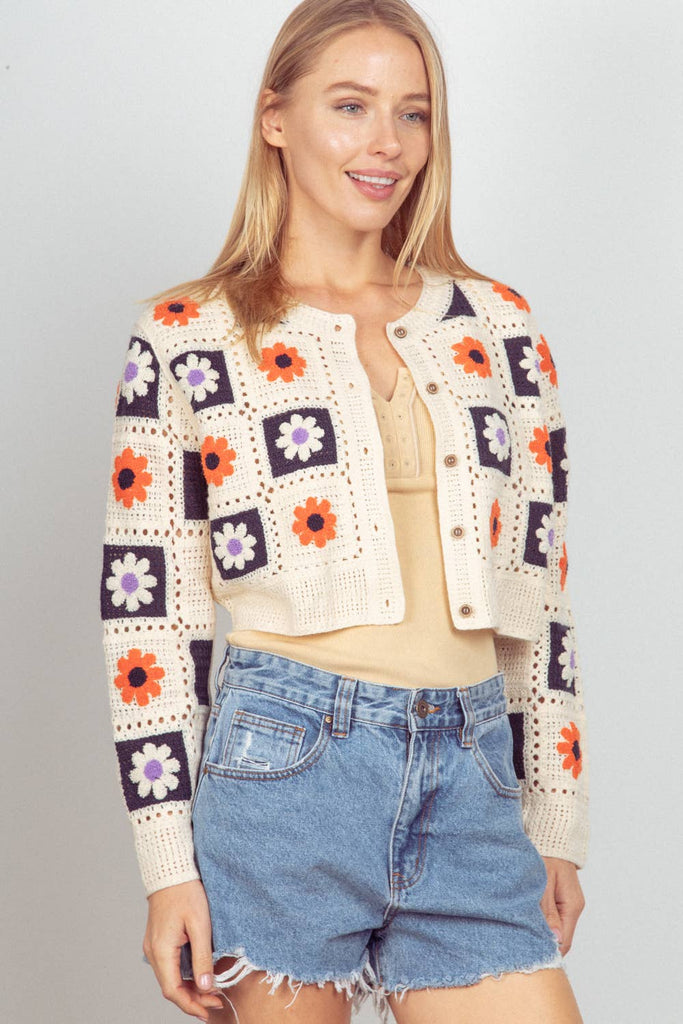 NJ90246-Multi-Color Floral Crochet Cropped Knit Cardigan: NATURAL / S.M/M.L-3/3